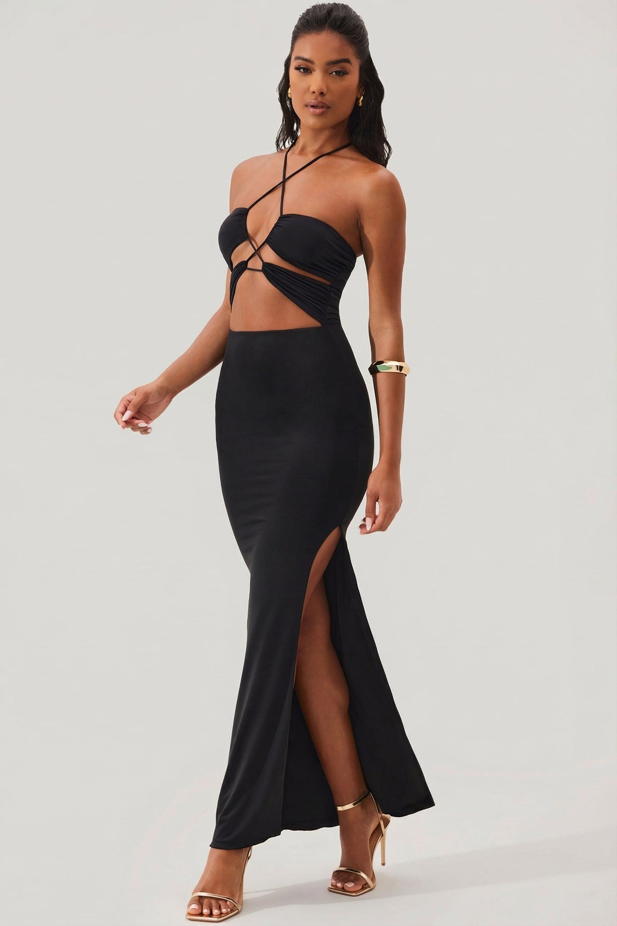 Cut Out Halter Neck Floor Length Maxi Dress in Black