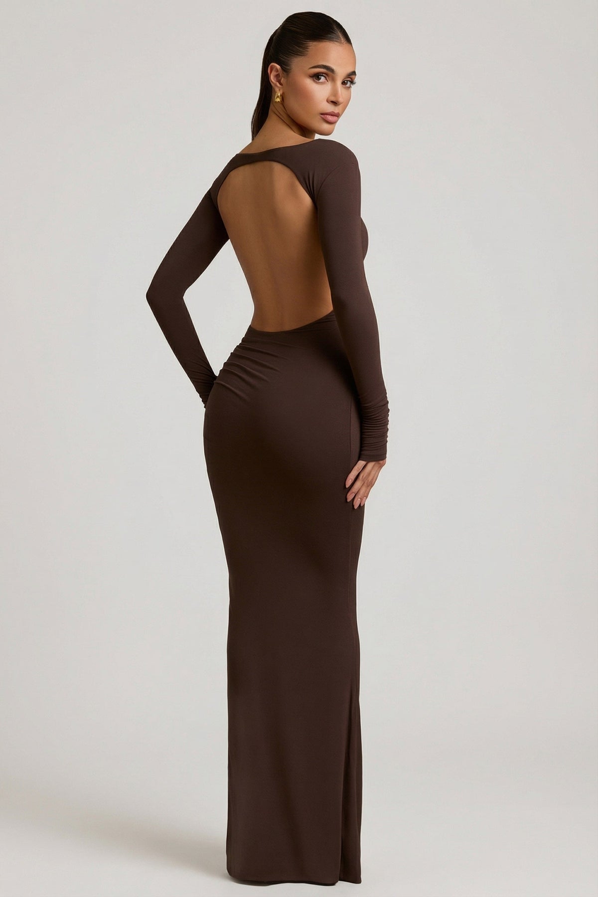 Modal Ruched Backless Maxi Dress in Chocolate Brown