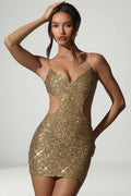 Embellished Cut-Out Mini Dress in Gold