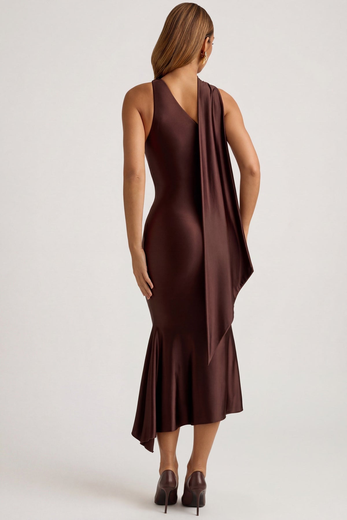 Asymmetric Scarf-Detail Midaxi Dress in Chocolate Brown