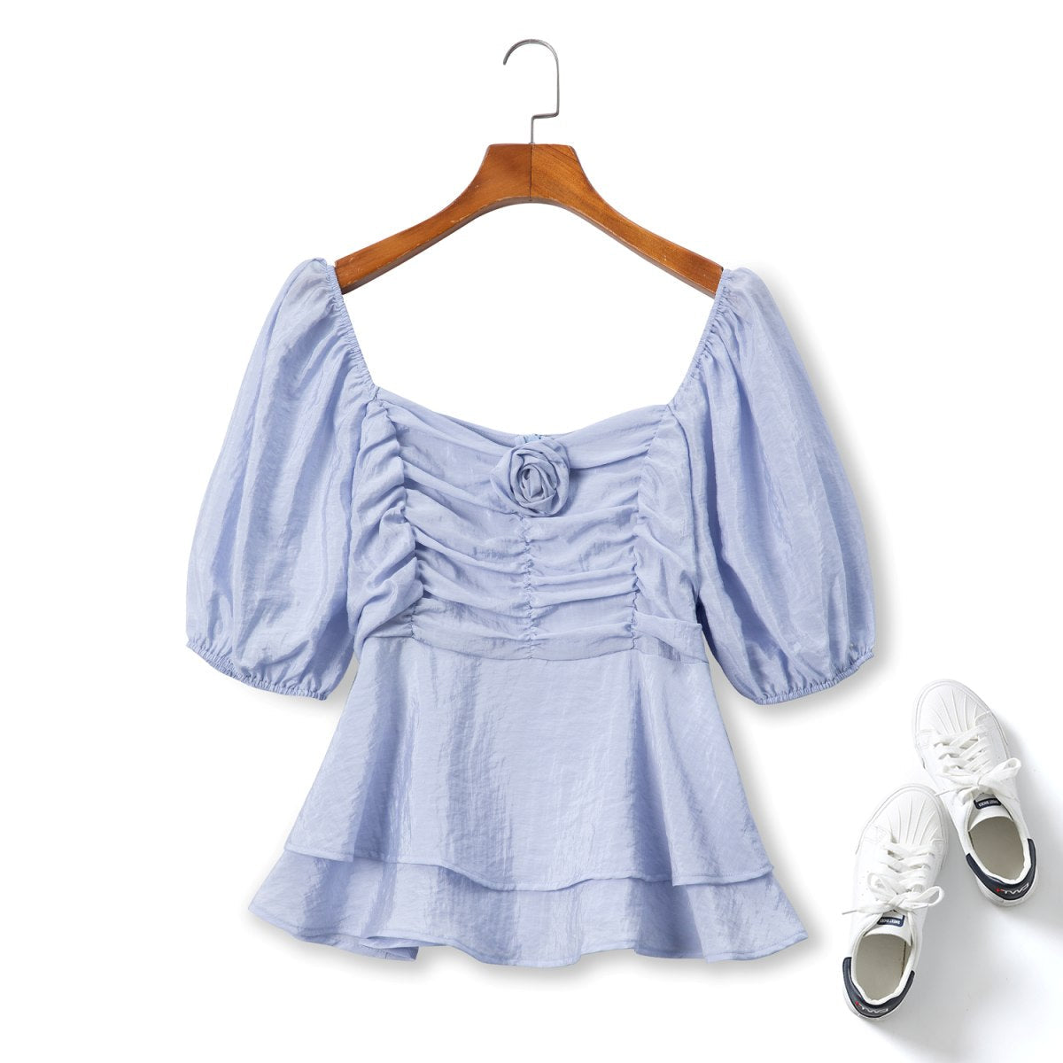 Plus Size Blue Square Neck Peplum Top
