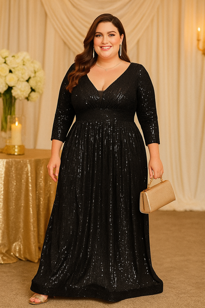 Elkin Plus Size Gold 3/4 Sleeve Gown