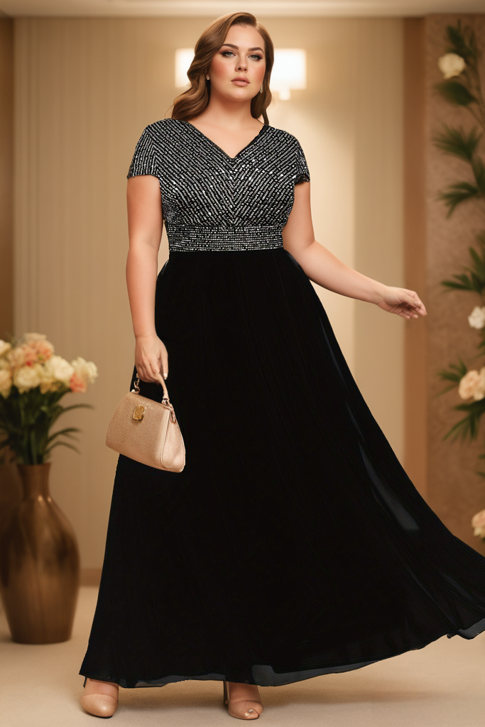 Jupiter Plus Size Black Empire Waist Short Sleeve Gown