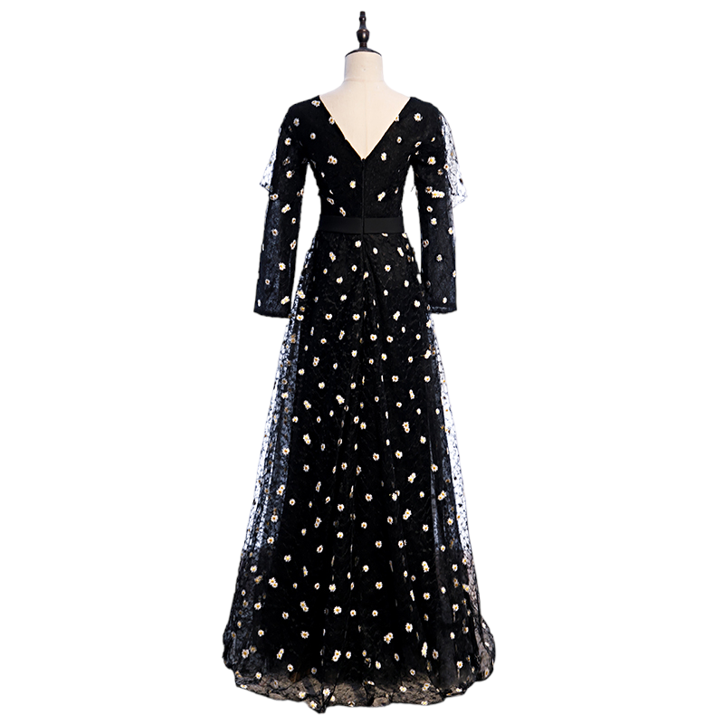 Plus Size Black Floral Embroidered Long Sleeve Evening Dress