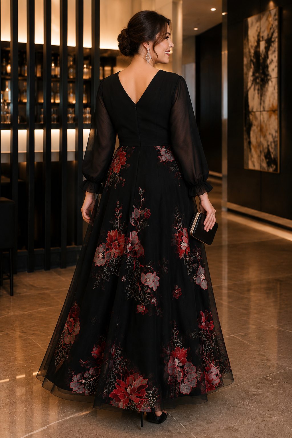 Eleanora Plus Size Black Floral Evening Dress with Sleeves