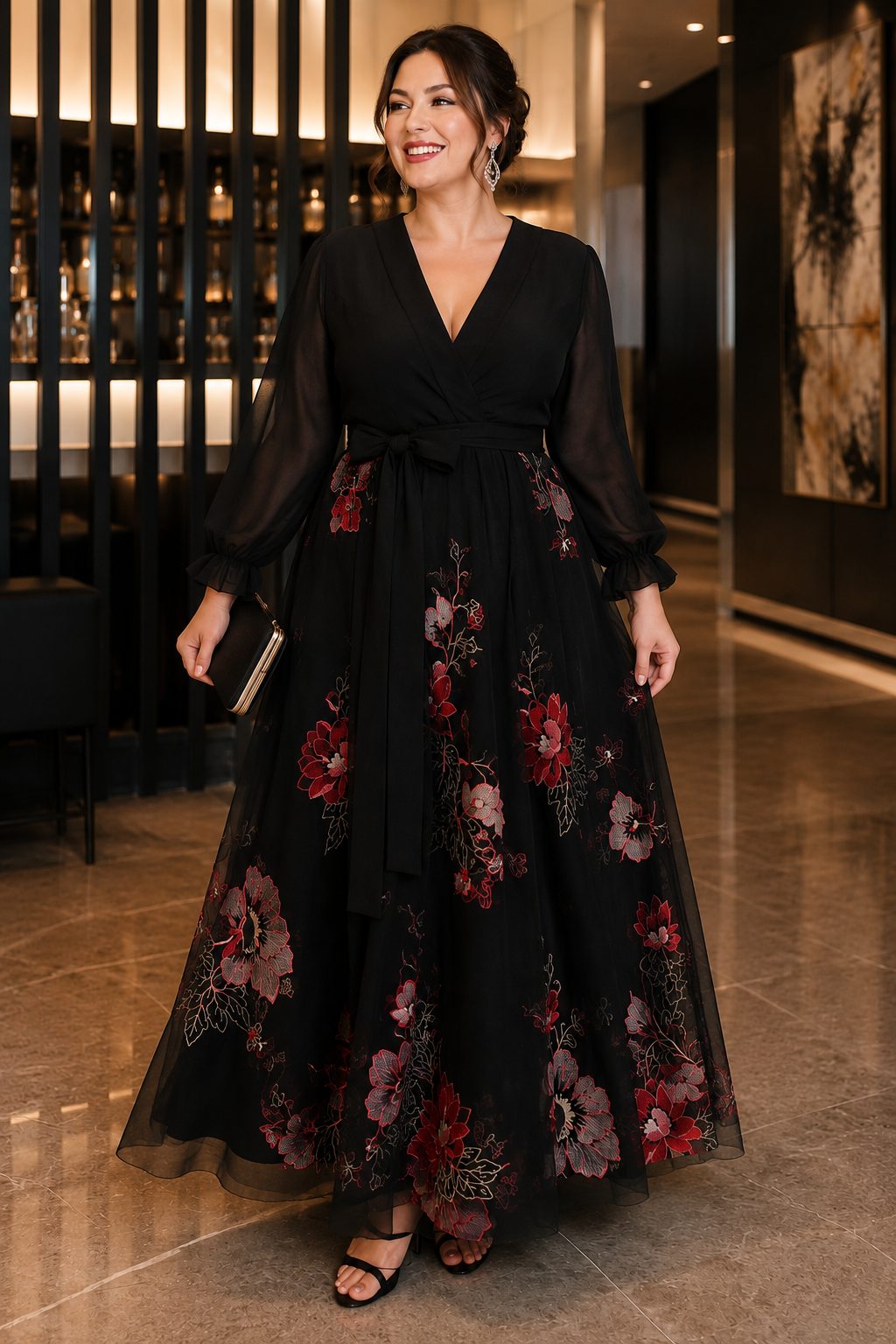 Eleanora Plus Size Black Floral Evening Dress with Sleeves