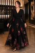 Eleanora Plus Size Black Floral Evening Dress with Sleeves