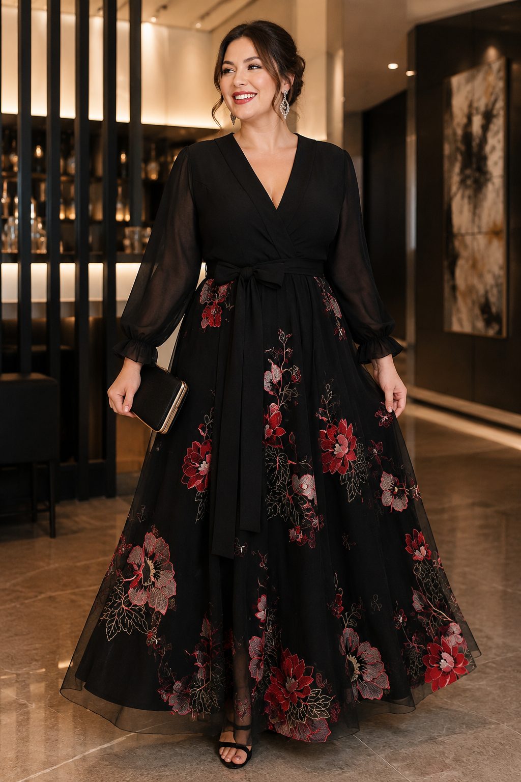 Eleanora Plus Size Black Floral Evening Dress with Sleeves