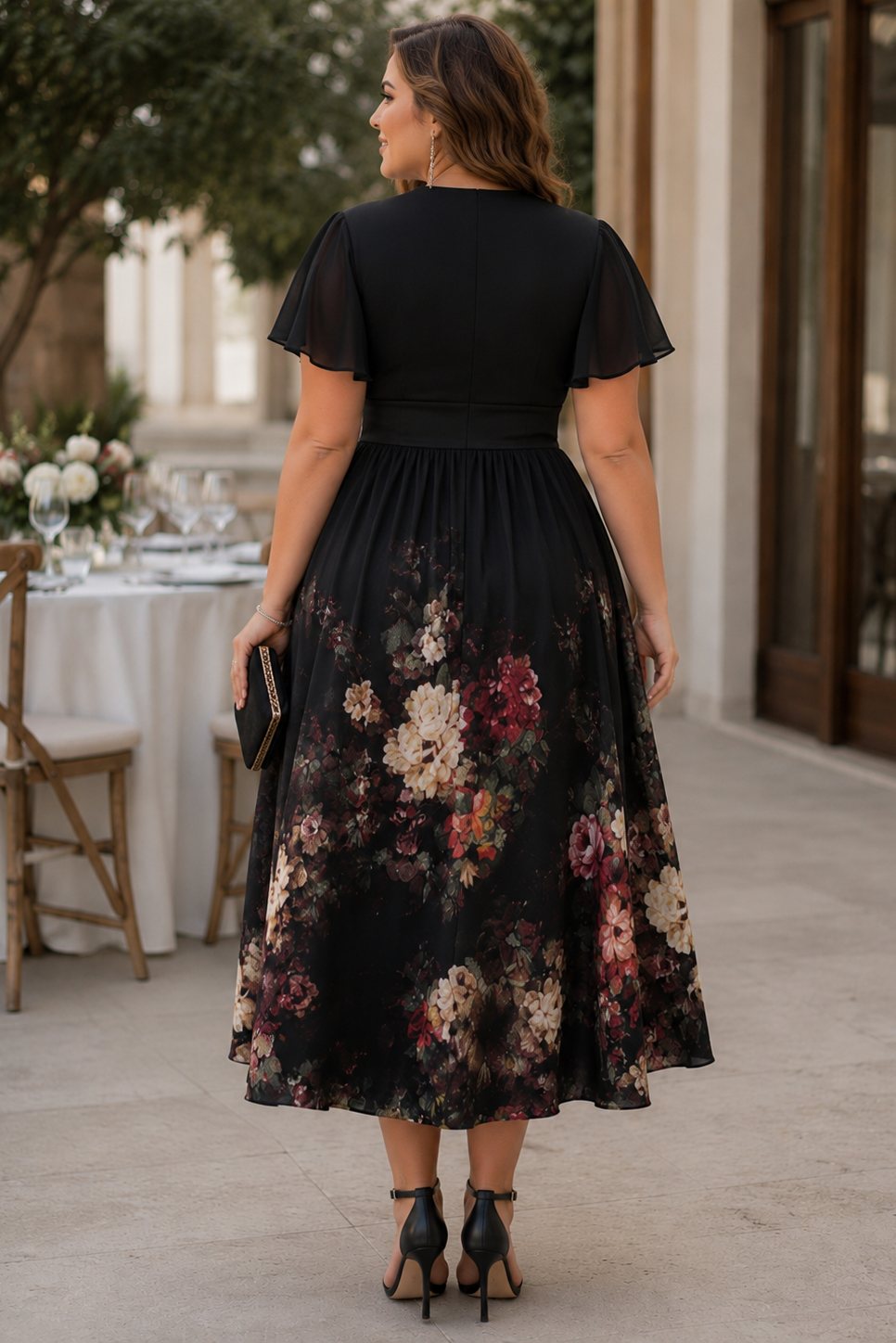 Fleur Plus Size Black Floral Midi Wedding Guest Dress