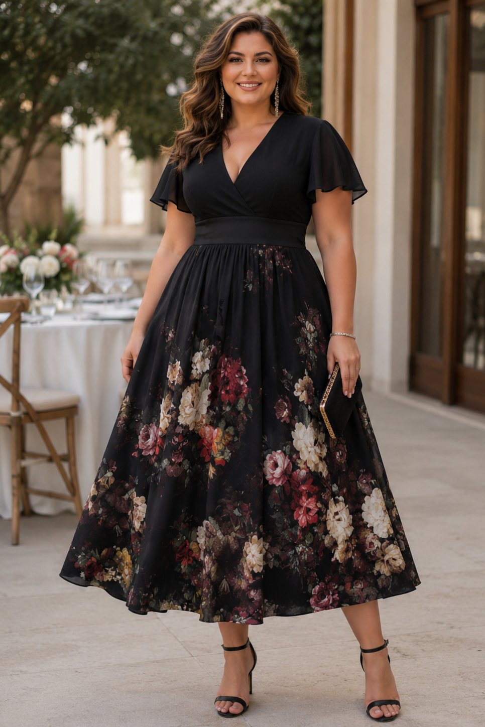 Fleur Plus Size Black Floral Midi Wedding Guest Dress
