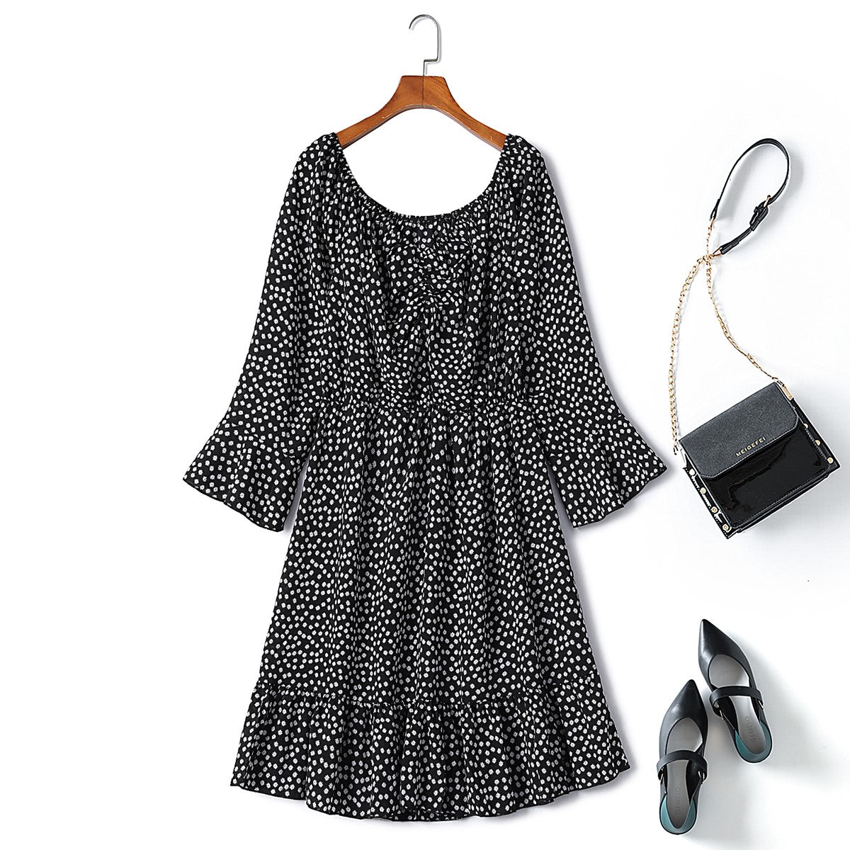 Ari Plus Size Black Ditsy Floral Off Shoulder Dress
