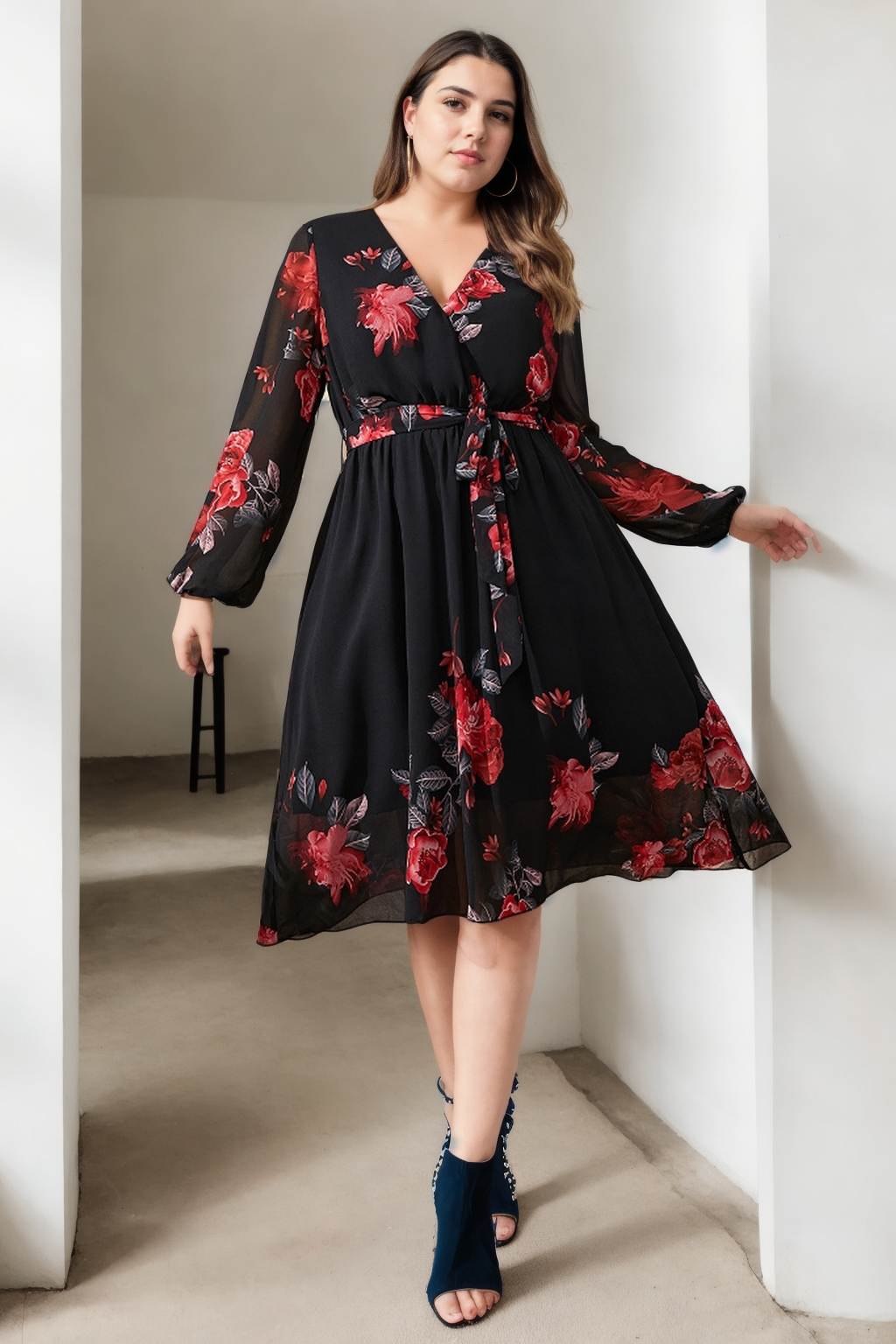Fayette Plus Size Black Floral Wrap Long Sleeve Dress