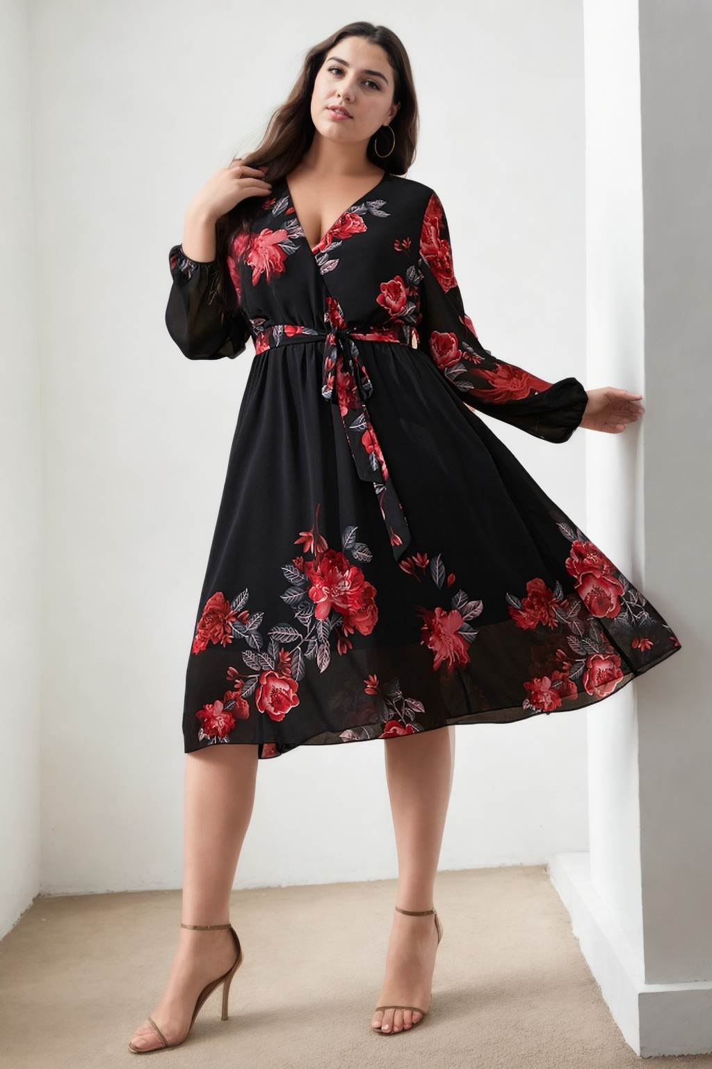 Fayette Plus Size Black Floral Wrap Long Sleeve Dress