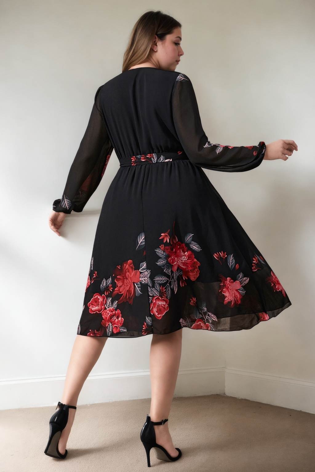 Fayette Plus Size Black Floral Wrap Long Sleeve Dress