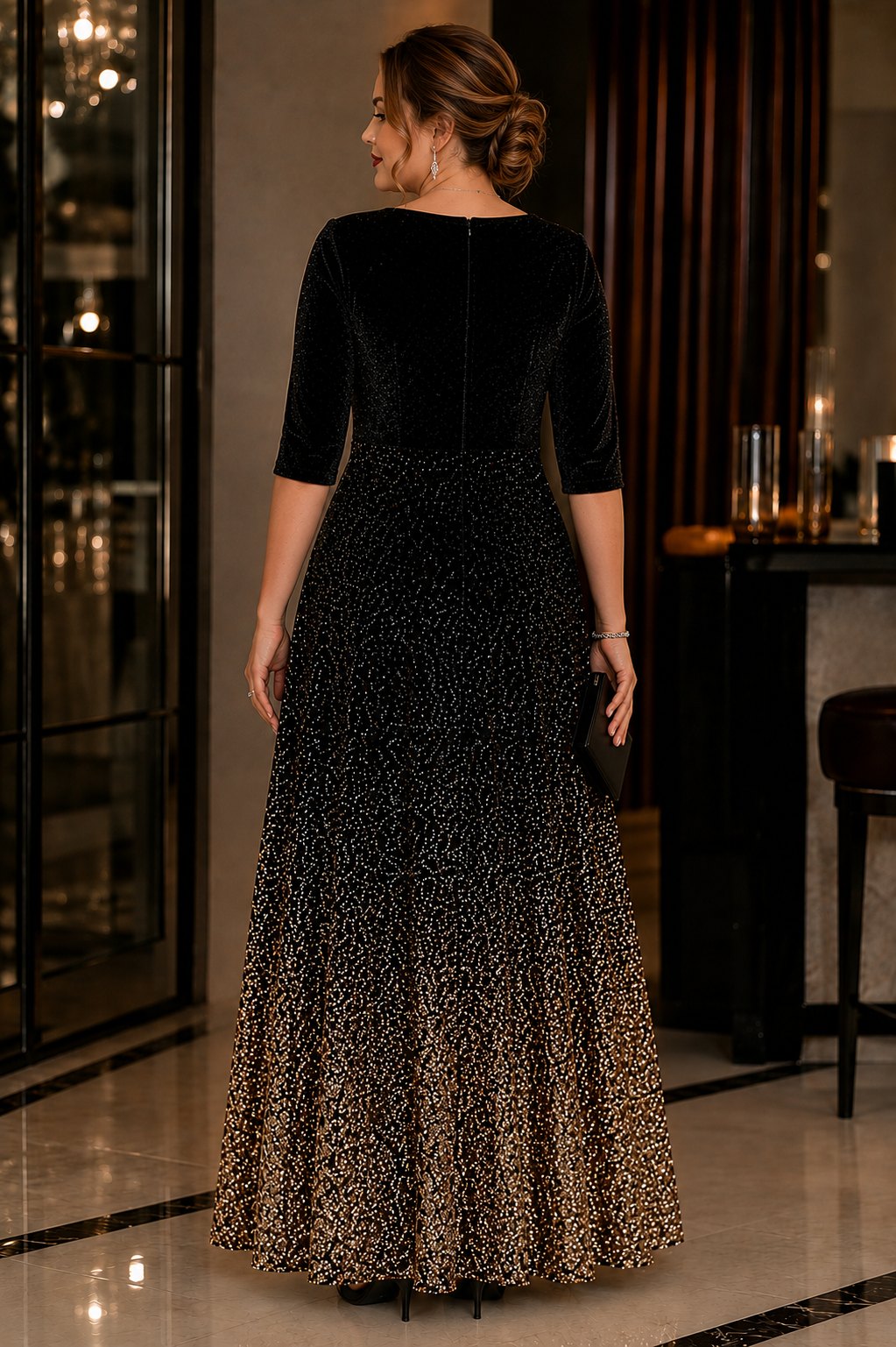 Aurelia Plus Size Black & Gold Evening Maxi Dress