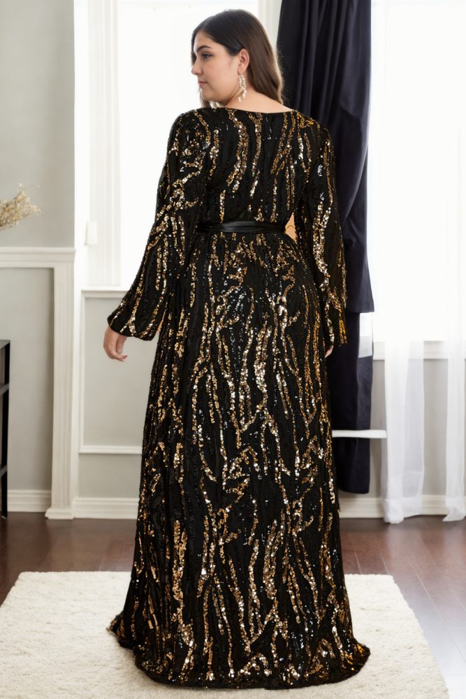 Caroline Plus Size Black Gold Wrap Evening Dress