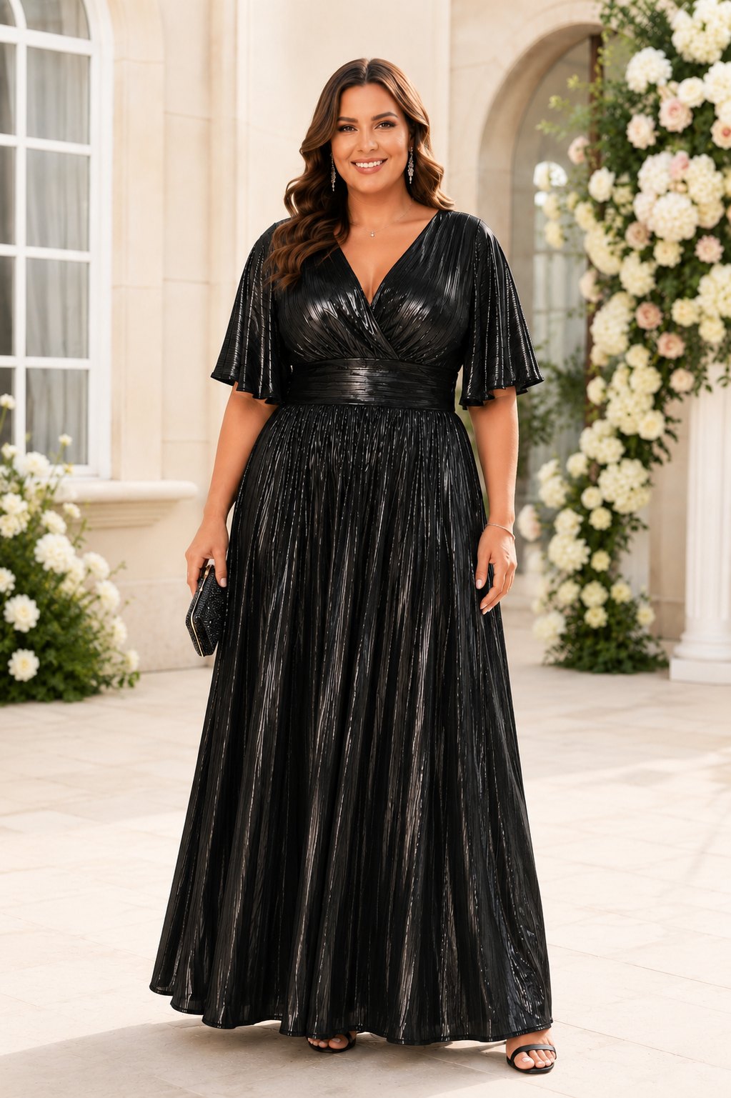 Nyra Plus Size Metallic Pleated Evening Maxi Dress