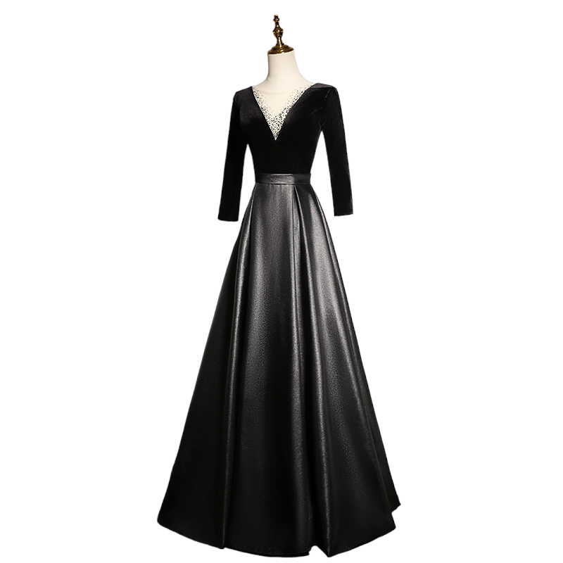 Plus Size Black A Line Mid Sleeve Evening Dress