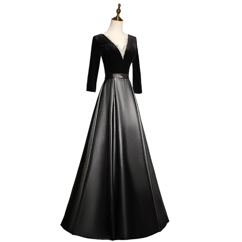 Plus Size Black A Line Mid Sleeve Evening Dress