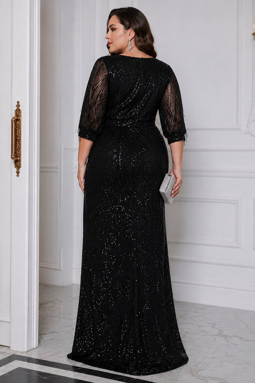 Aura Plus Size Black Sequin 3/4 Sleeve Evening Dress