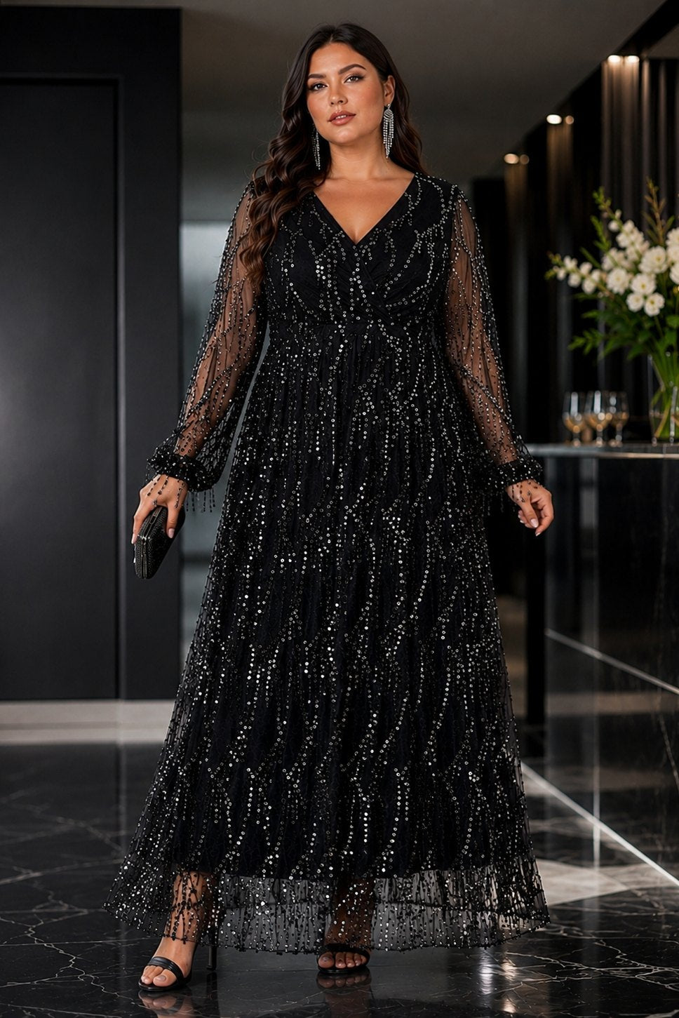 Evelina Plus Size Sequin Long Sleeve Evening Dress