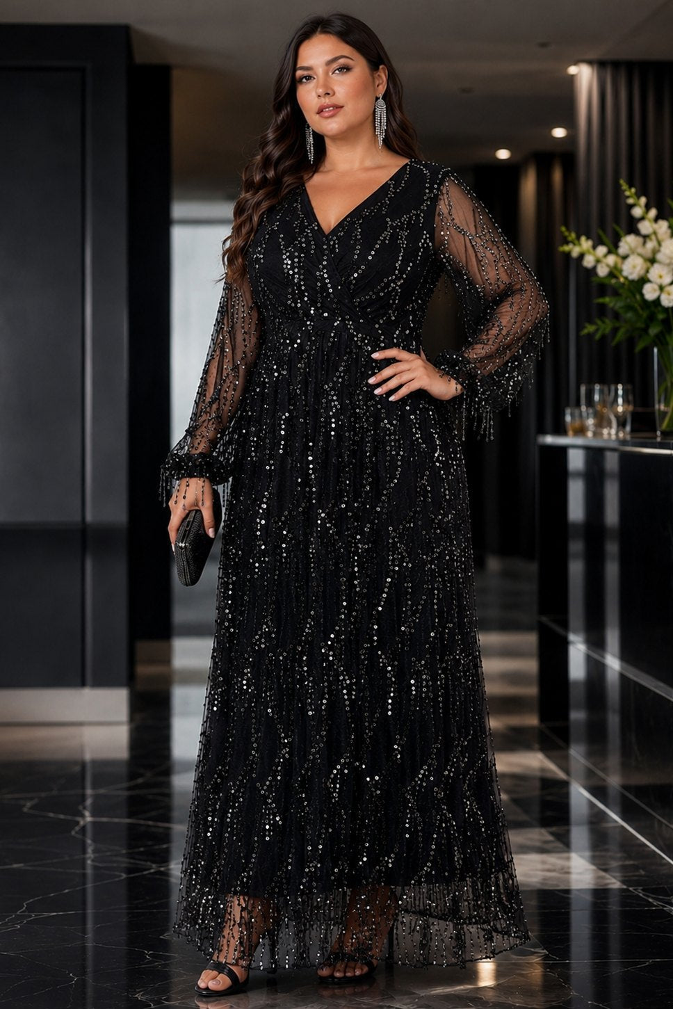 Evelina Plus Size Sequin Long Sleeve Evening Dress