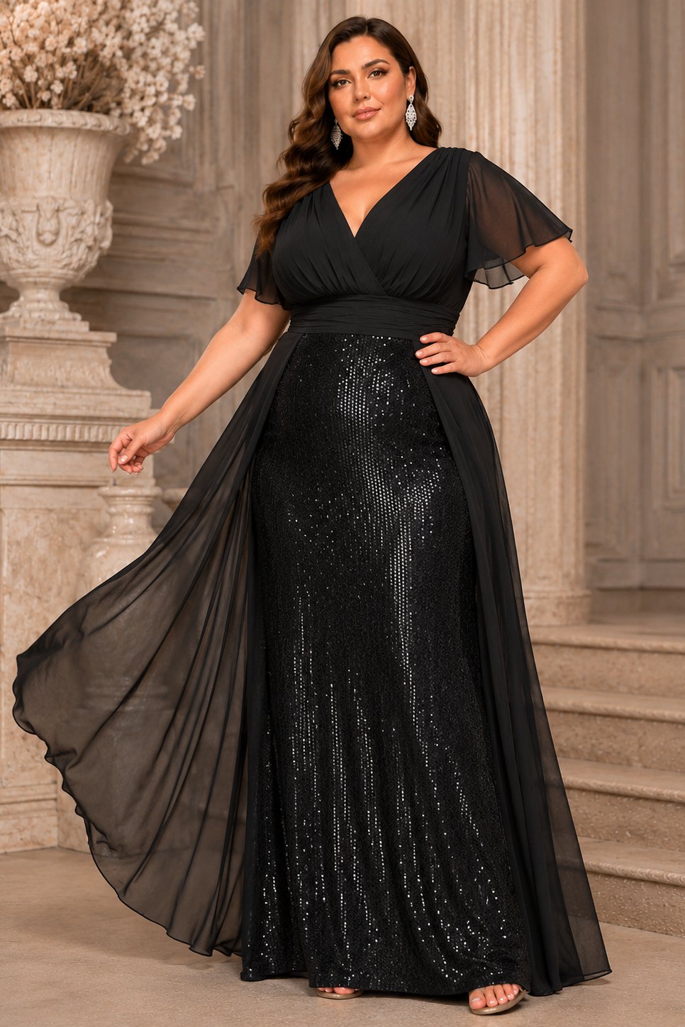 Solène Plus Size Sequin Short Sleeve Evening Gown