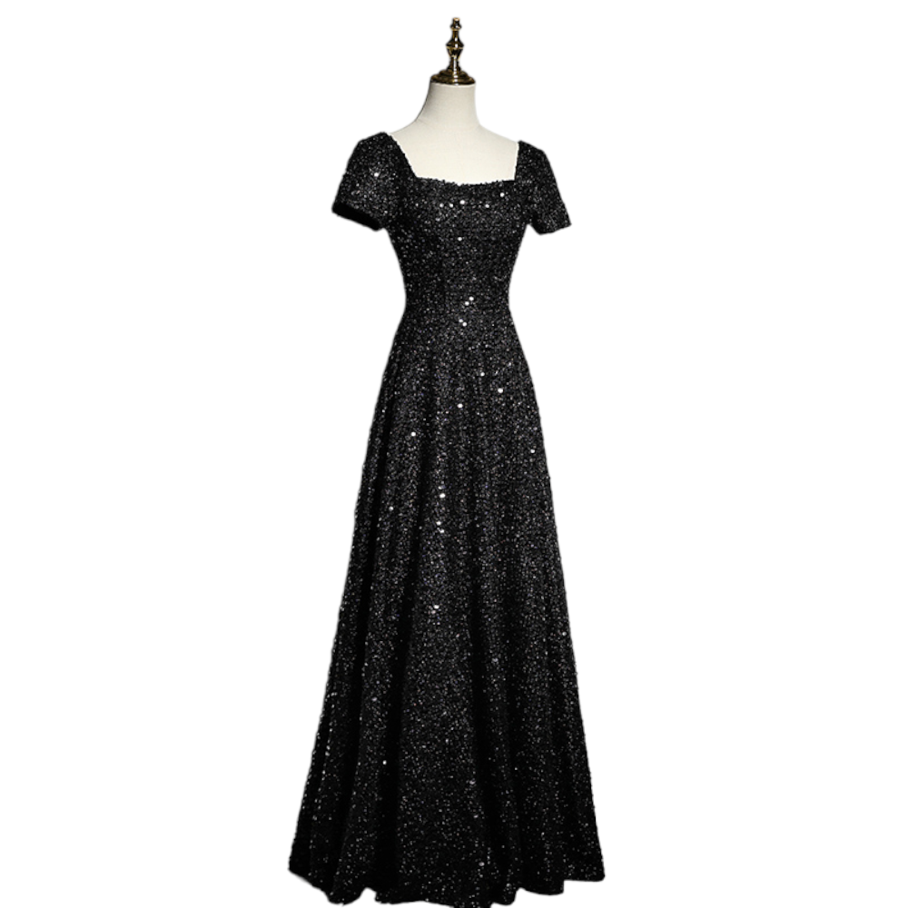 Plus Size Black Square Neck Evening Dress