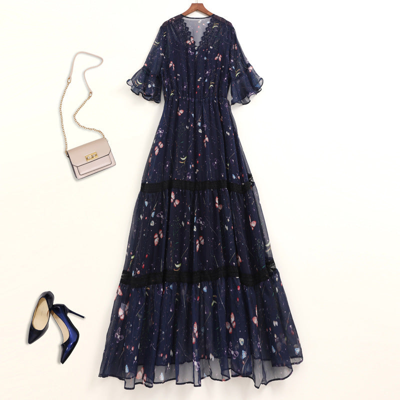 Plus Size Blue Butterfly Chiffon Midi Dress