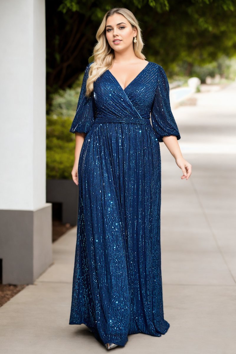 Joelle Plus Size Blue Sequins Evening Dress