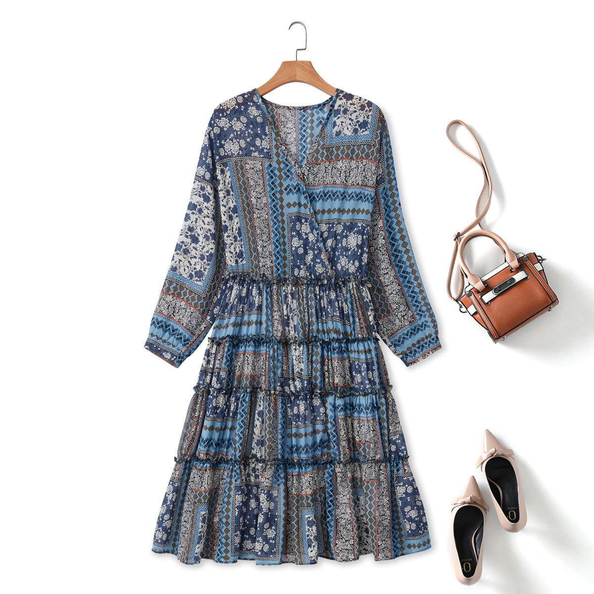 Indigo Plus Size Bohemian Print Long Sleeve Dress