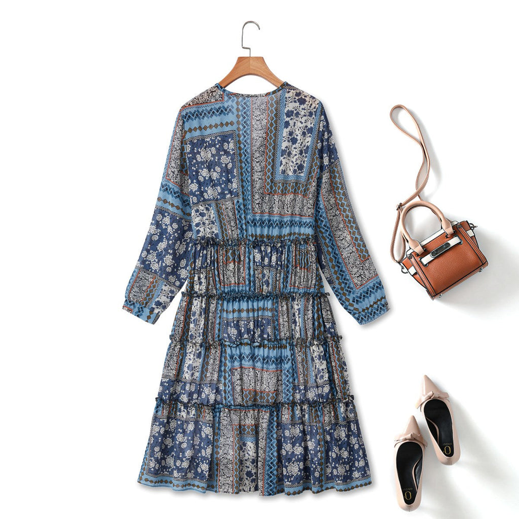 Indigo Plus Size Bohemian Print Long Sleeve Dress