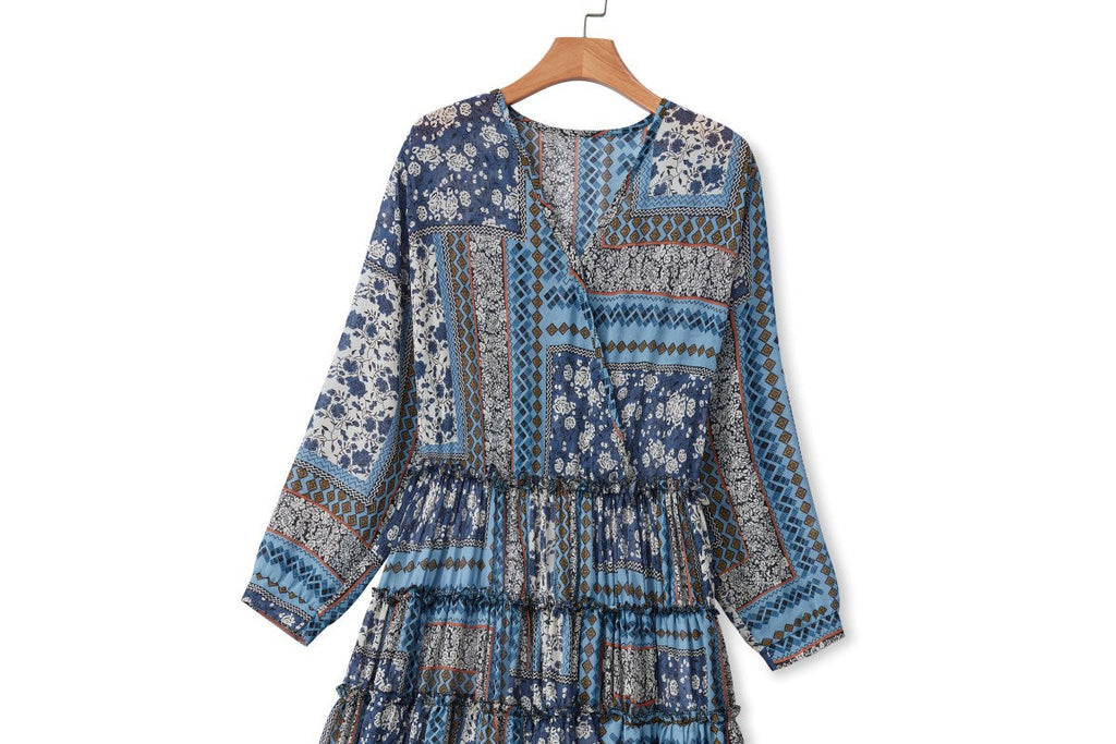 Indigo Plus Size Bohemian Print Long Sleeve Dress