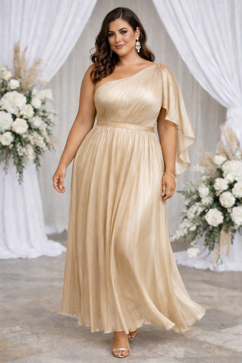 Seraphielle Plus Size Gold One Shoulder Gown