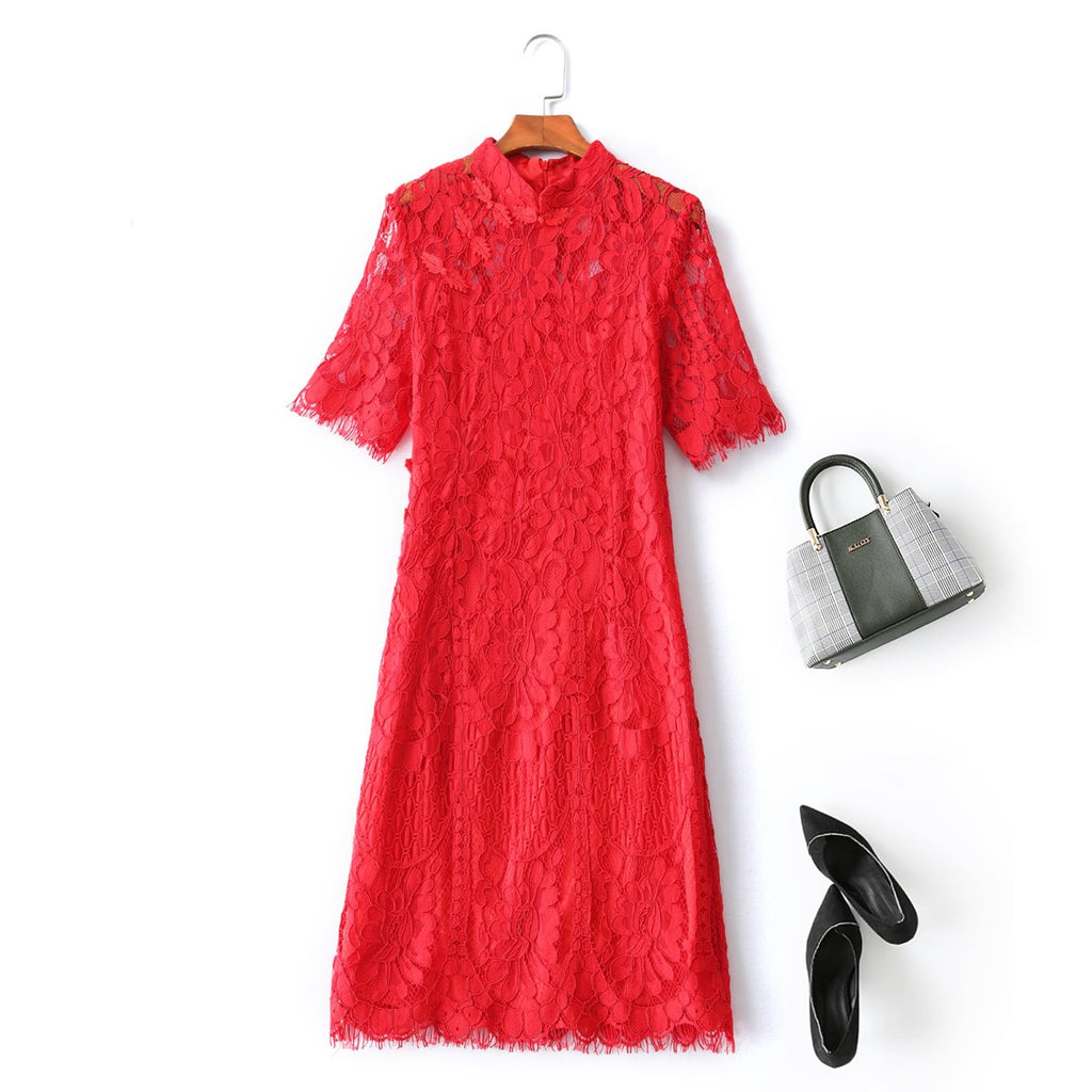 Qiana Plus Size Red Lace Cheongsam Dress