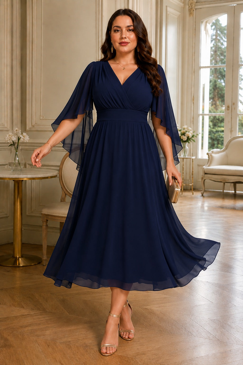 Vera Plus Size Chiffon Wedding Guest Midi Dress