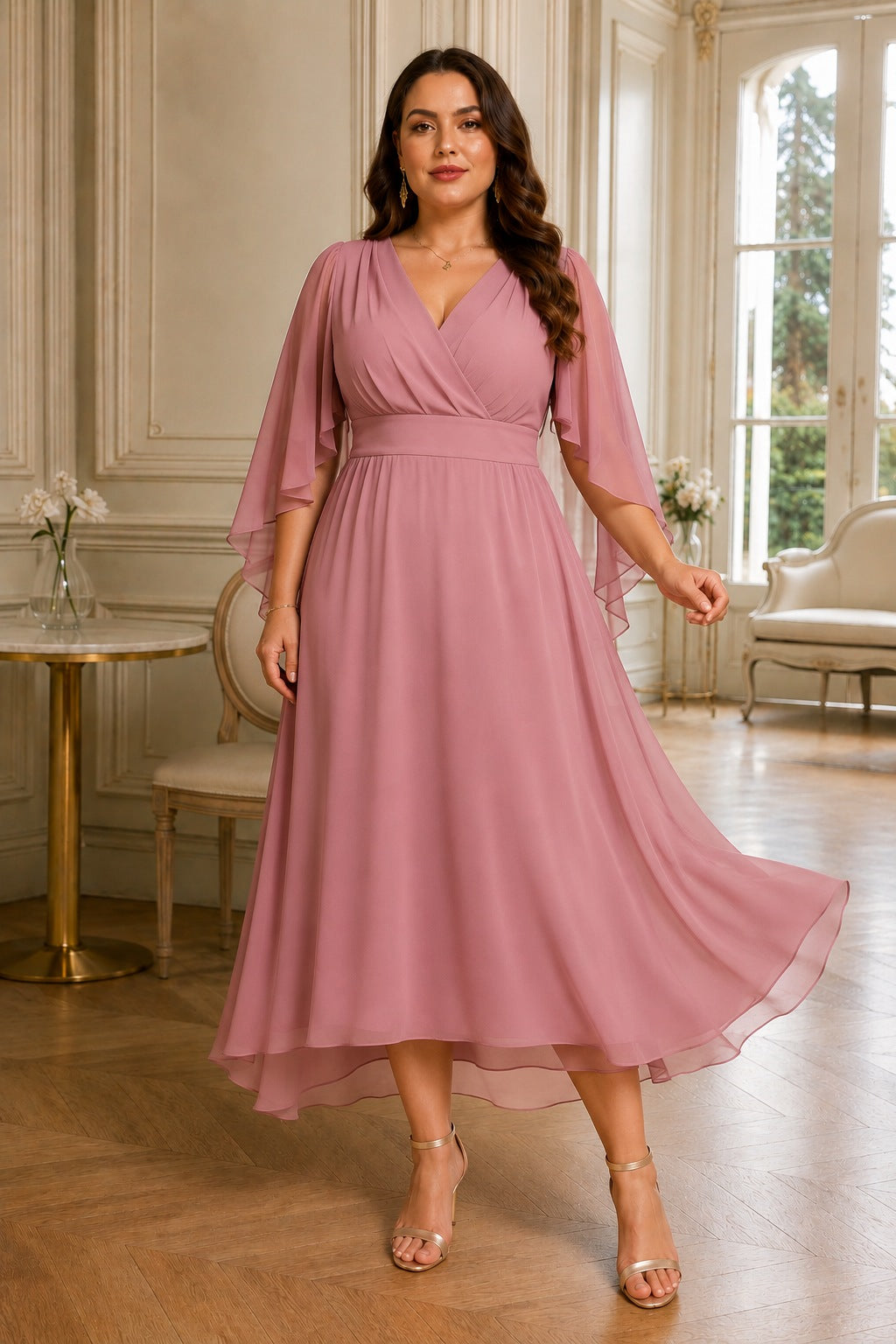 Vera Plus Size Chiffon Wedding Guest Midi Dress