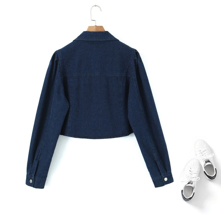 Plus Size Puff Sleeve Crop Denim Jacket