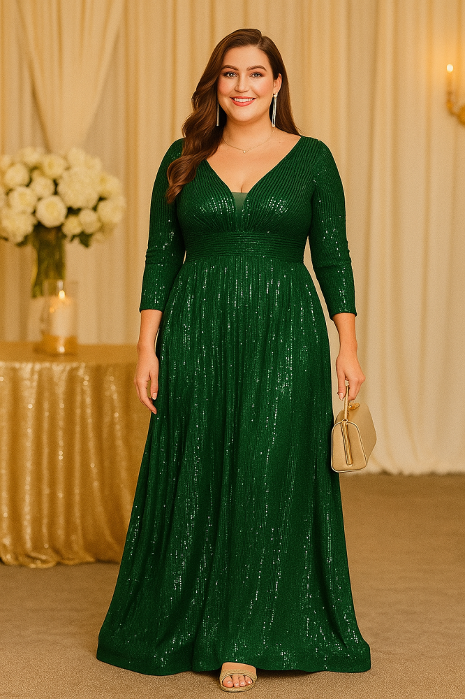Karrigan Plus Size Sequins 3/4 Sleeve Gown