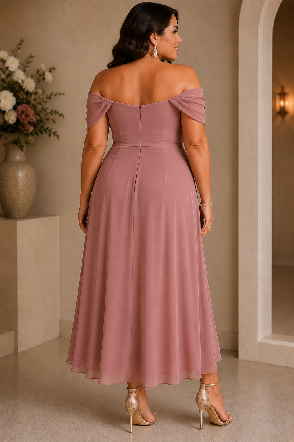 Juliette Plus Size Off Shoulder Ruched Midi Cocktail Dress – Dusty Pink