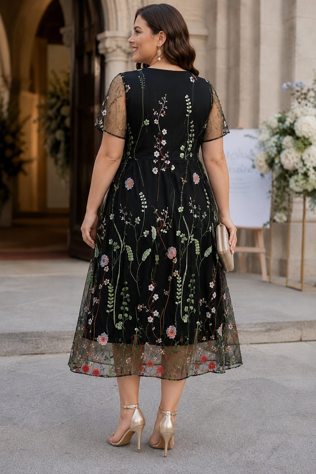 Scarlett Plus Size Embroidered Floral Midi Dress with Sleeves