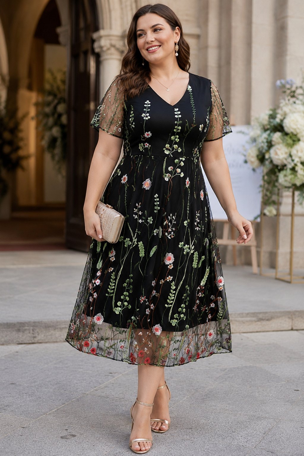 Scarlett Plus Size Embroidered Floral Midi Dress with Sleeves