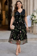 Scarlett Plus Size Embroidered Floral Midi Dress with Sleeves