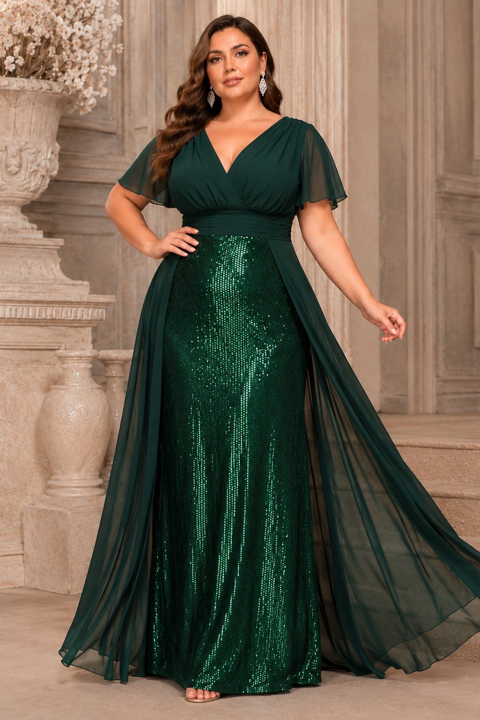 Solène Plus Size Sequin Short Sleeve Evening Gown