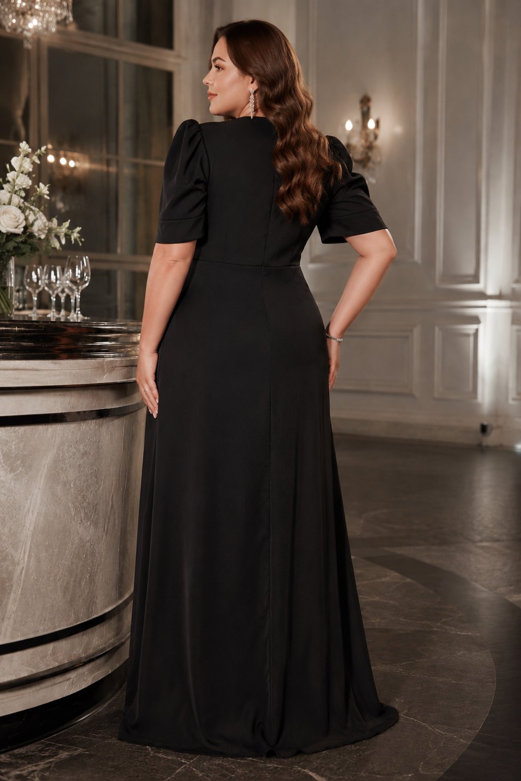 Amy Plus Size V Neck Short Sleeve Evening Dress
