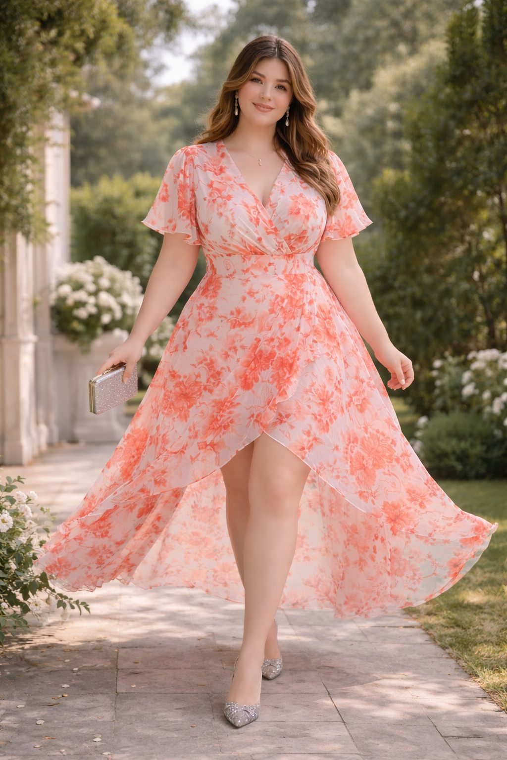 Soleia Plus Size Floral Chiffon Hi-Low Dress