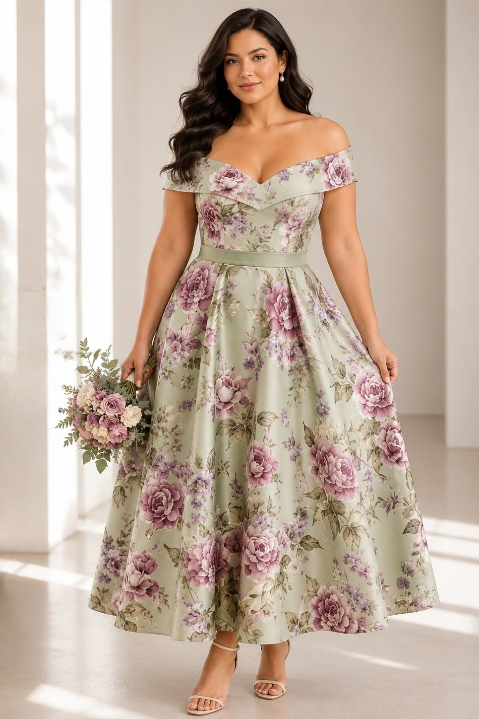 Rosabelle Plus Size Floral Off Shoulder Midi Dress