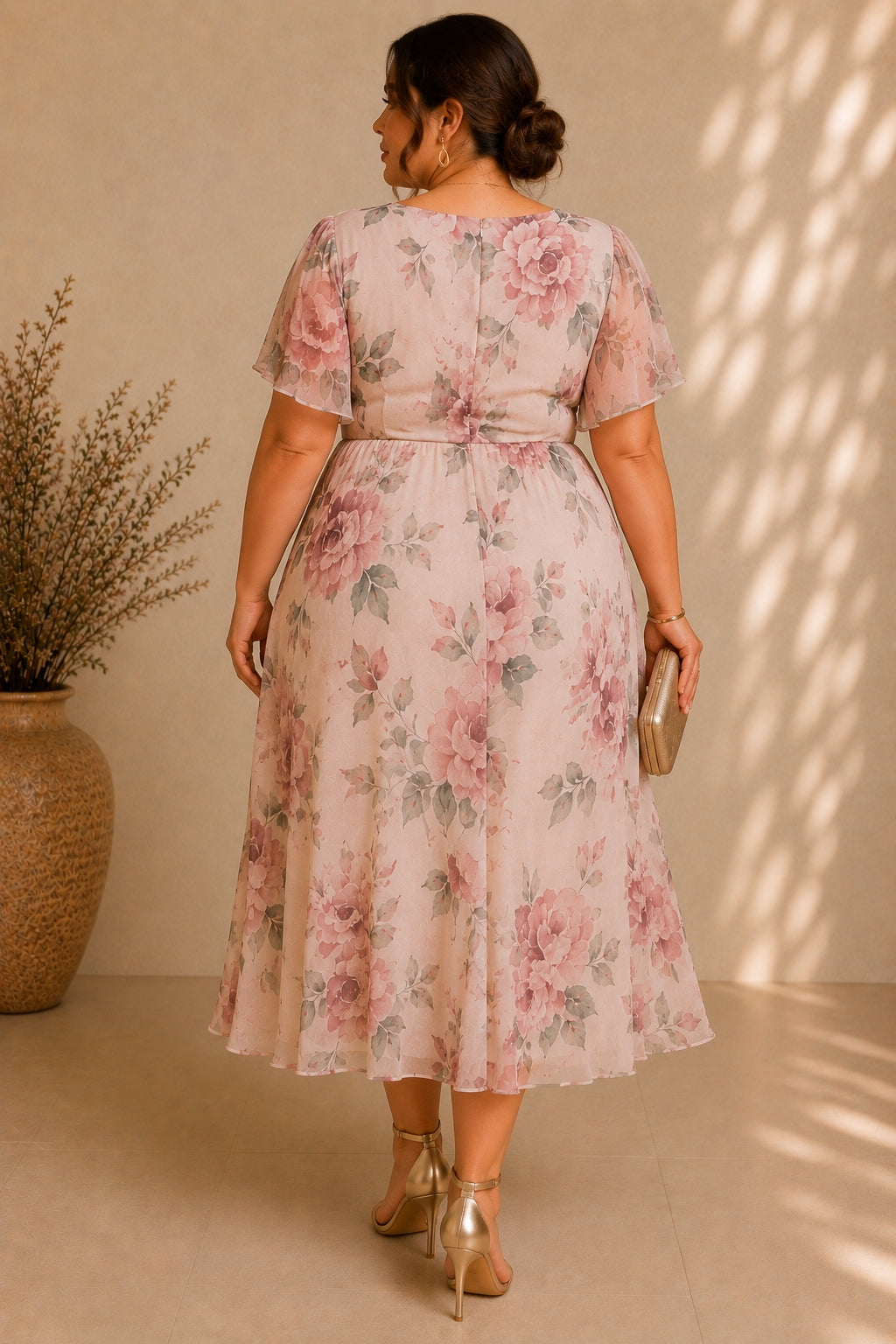 Rosa Plus Size Floral Wedding Guest Midi Dress with Sleeves