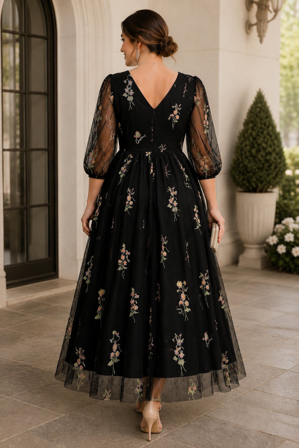 Annelise Plus Size Floral Embroidered Wedding Guest Midi Dress