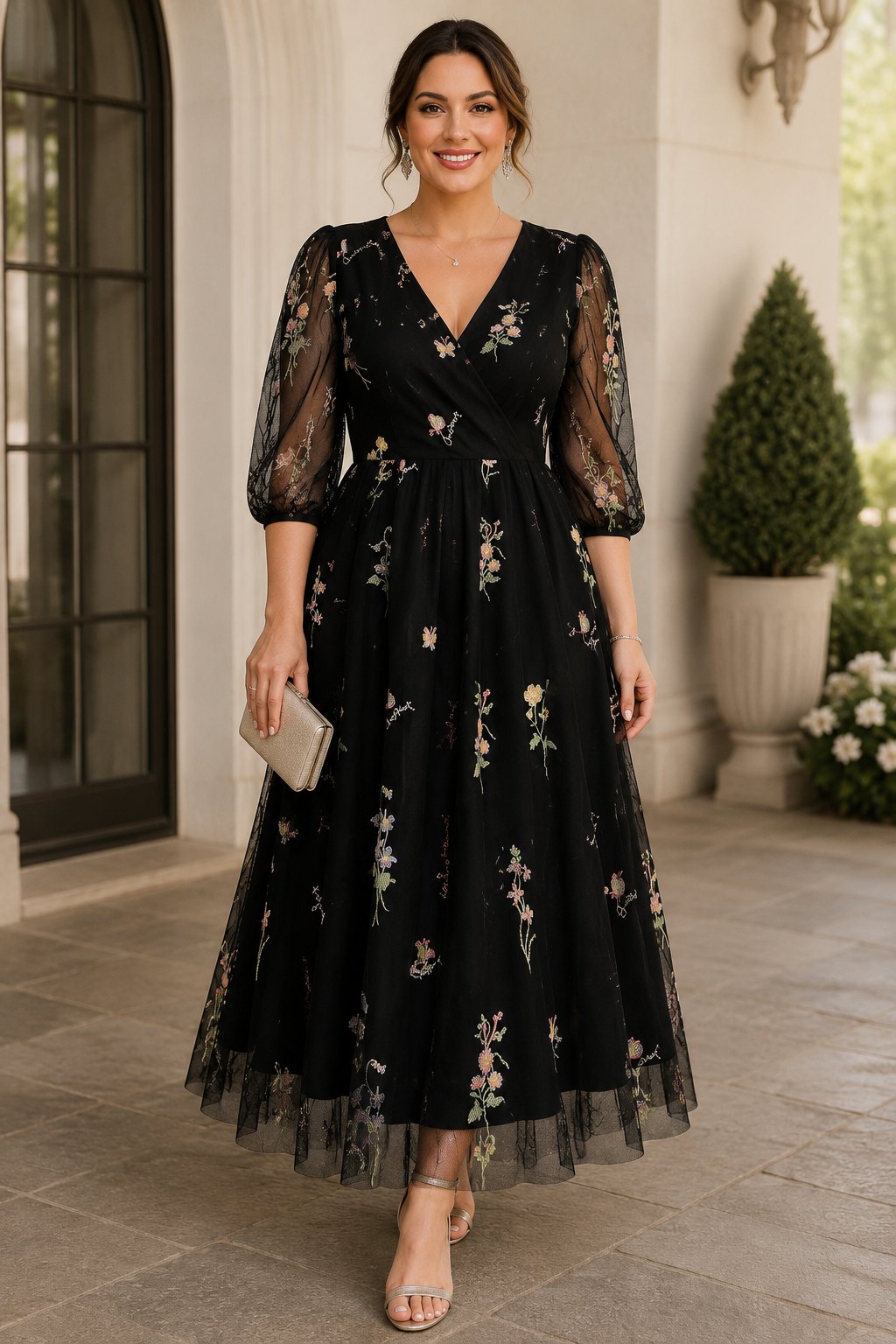 Annelise Plus Size Floral Embroidered Wedding Guest Midi Dress – Pren